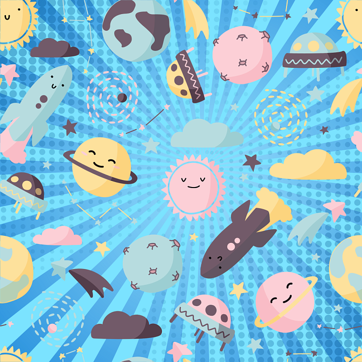 Cartoon Baby Boy Space Fabric with Planets and Rockets seamless PBR texture preview