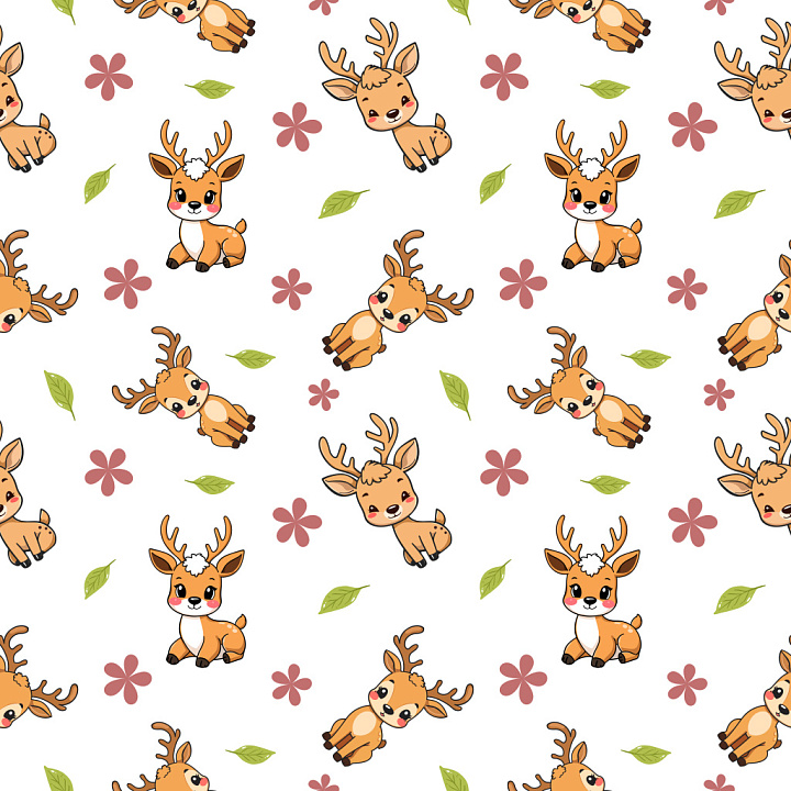 Pattern Featuring Adorable Deer Characters and Floral Motifs seamless PBR texture preview