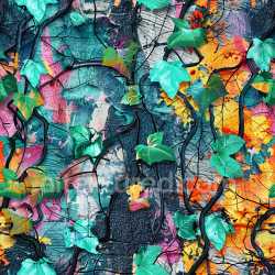 seamless Seamless 3D PBR Texture of Colorful Graffiti Wall with Ivy Leaves and Black Vines texture 8k free download PBR