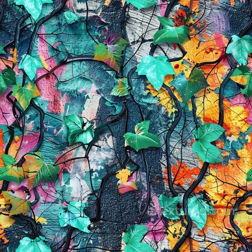 Seamless 3D PBR Texture of Colorful Graffiti Wall with Ivy Leaves and Black Vines texture preview