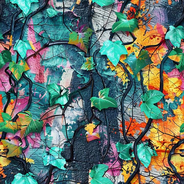 Colorful Graffiti Wall with Ivy Leaves and Black Vines seamless PBR texture preview