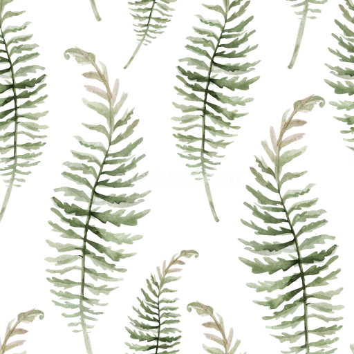Seamless 3D PBR Texture with Watercolor Green Fern Leaves on White