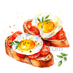 seamless Watercolor-Style Breakfast Bruschetta with Sunny-Side Eggs and Tomatoes texture 8k free download PBR