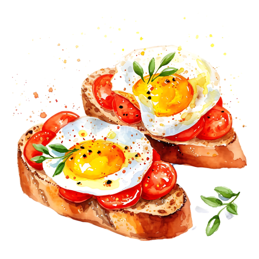 Watercolor-Style Breakfast Bruschetta with Sunny-Side Eggs and Tomatoes