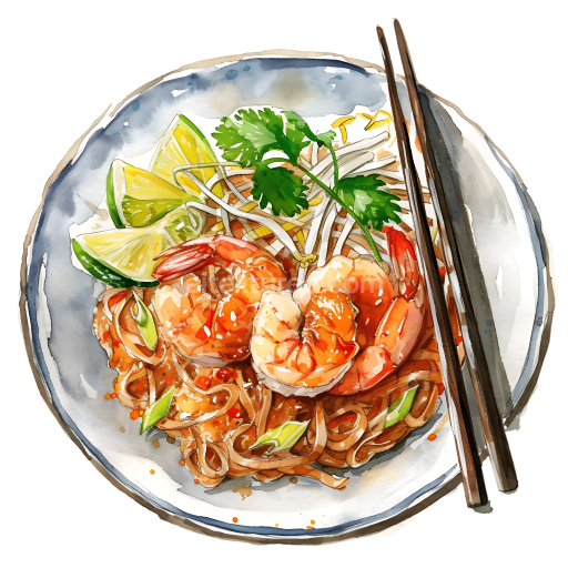 Watercolor Style Shrimp Pad Thai Noodles Breakfast Illustration with Lime