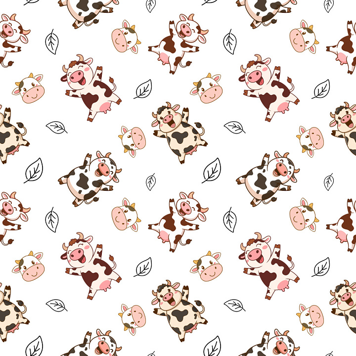 Pattern Featuring Playful Cartoon Cows and Leaf Motifs seamless PBR texture preview