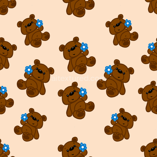 Seamless 3D PBR texture of cute brown teddy bears with blue flowers on beige background