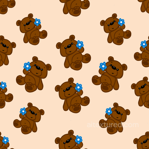 Of Cute Brown Teddy Bears With Blue Flowers On Beige Background seamless Baby Boy  PBR texture