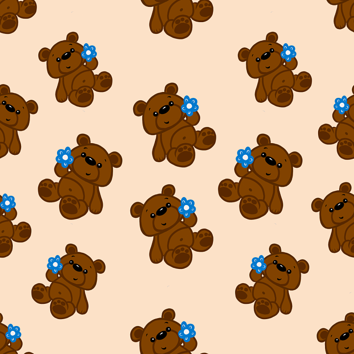 Of Cute Brown Teddy Bears With Blue Flowers On Beige Background seamless PBR texture preview
