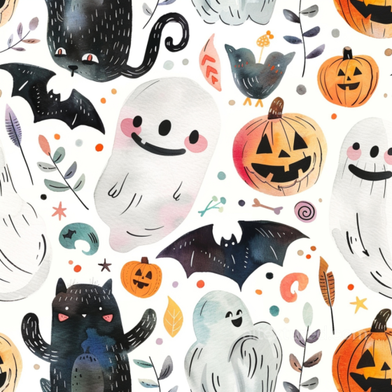 Seamless Watercolor Halloween-Themed 3D PBR Texture with Ghosts, Bats, and Pumpkins Watercolor Halloween texture preview
