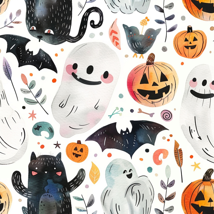 Watercolor Halloween-Themed with Ghosts, Bats, and Pumpkins seamless PBR texture preview