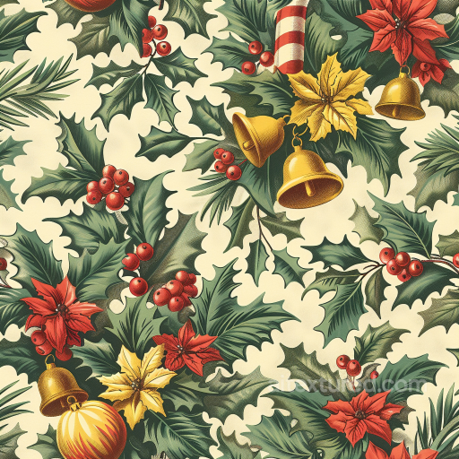 Vintage Christmas Fabric Texture with Holly and Bells Pattern seamless Christmas vintage PBR texture