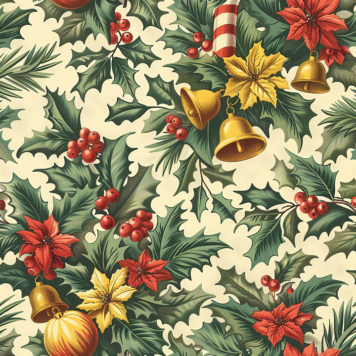 Vintage Christmas Fabric with Holly and Bells Pattern seamless PBR texture preview
