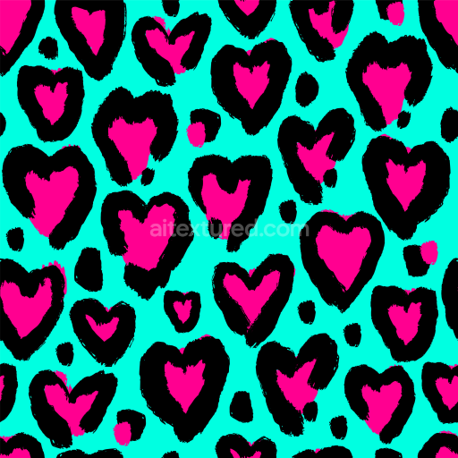 Seamless 3D PBR Texture of Bright Neon Pink Heart Leopard Print on Cyan Background
