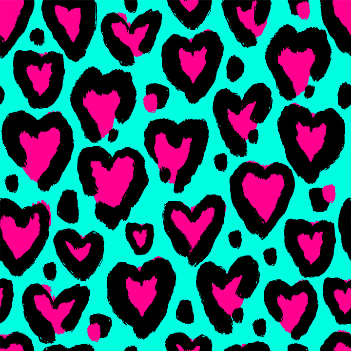 Bright Neon Pink Heart Leopard Print on Cyan Background seamless PBR texture preview