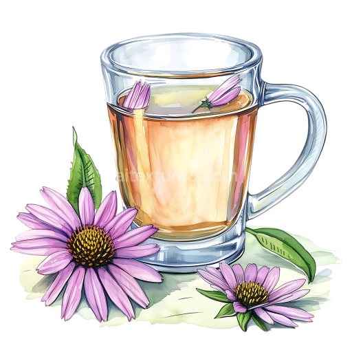 Echinacea Tea Glass with Purple Flowers Breakfast Illustration in Watercolor Style