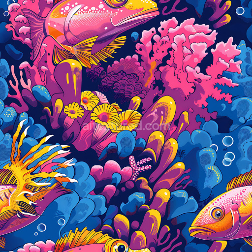 Seamless 3D PBR Texture of Vibrant Underwater Graffiti with Colorful Fish and Coral