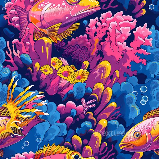 Seamless 3D PBR Texture of Vibrant Underwater Graffiti with Colorful Fish and Coral texture preview