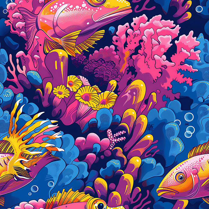 Vibrant Underwater Graffiti with Colorful Fish and Coral seamless PBR texture preview