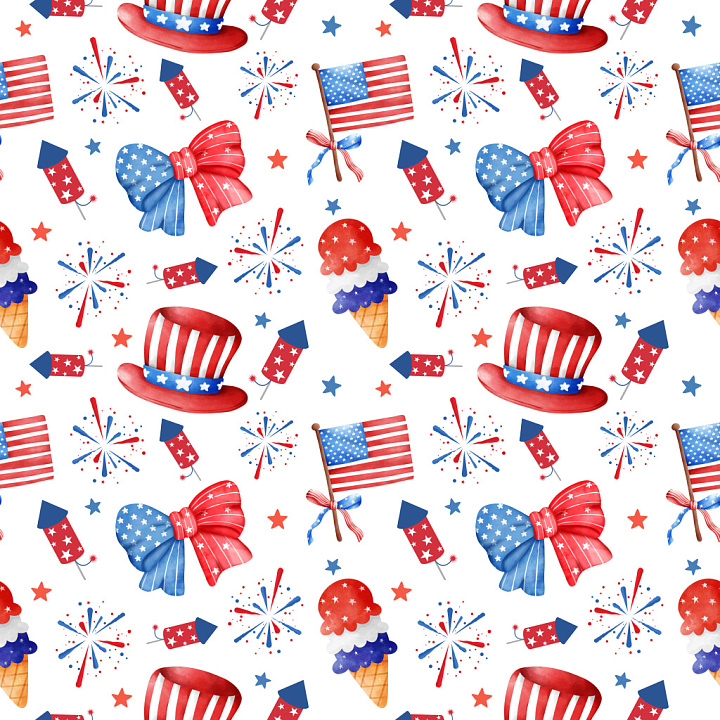 Pattern with Watercolor Patriotic Motifs and Festive Rhythm seamless PBR texture preview