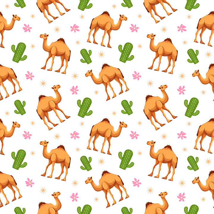 Pattern with Cartoon Camels, Cacti, and Flowers seamless PBR texture preview