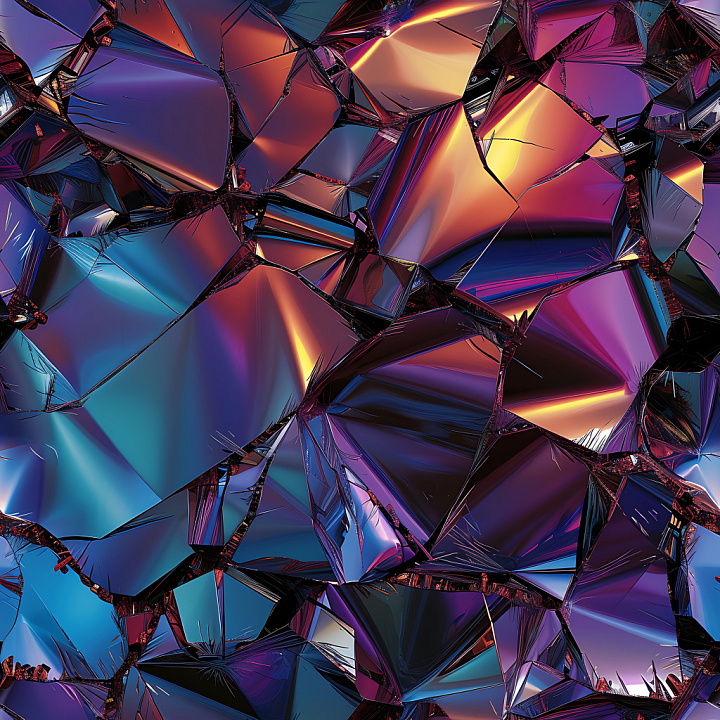 Cracked Reflective Glass Shards with Vibrant Color Reflections seamless PBR texture preview