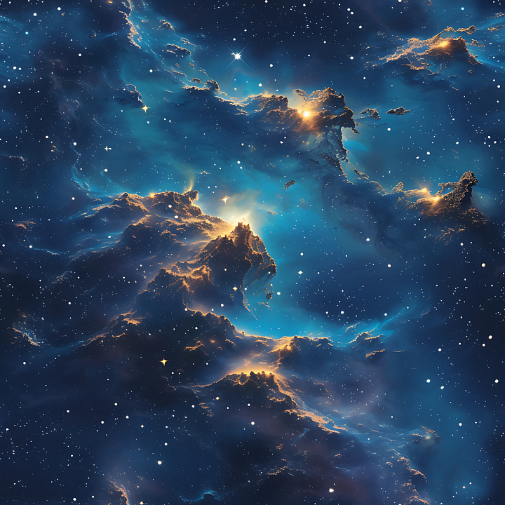 Space Featuring Glowing Nebula Clouds in Deep Blue and Gold seamless PBR texture preview