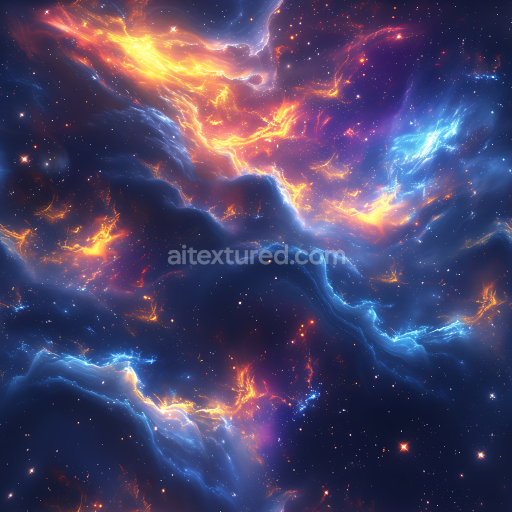 Seamless 3D Space PBR Texture Featuring Vibrant Nebula Clouds with Fiery Glow and Electric Blue Energy