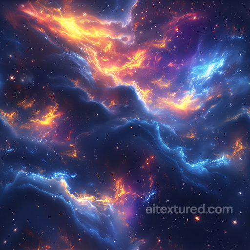 Space PBR Texture Featuring Vibrant Nebula Clouds with Fiery Glow and Electric Blue Energy seamless Star, space, planets PBR texture
