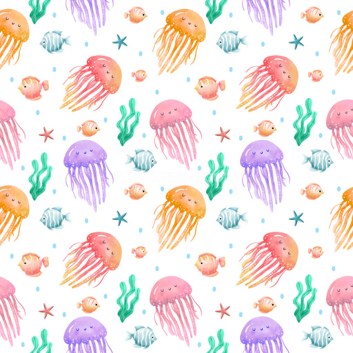 Pattern Bundle - Seamless 3D Pattern PBR Texture Featuring Colorful Jellyfish and Ocean Life Watercolor Mo… texture preview