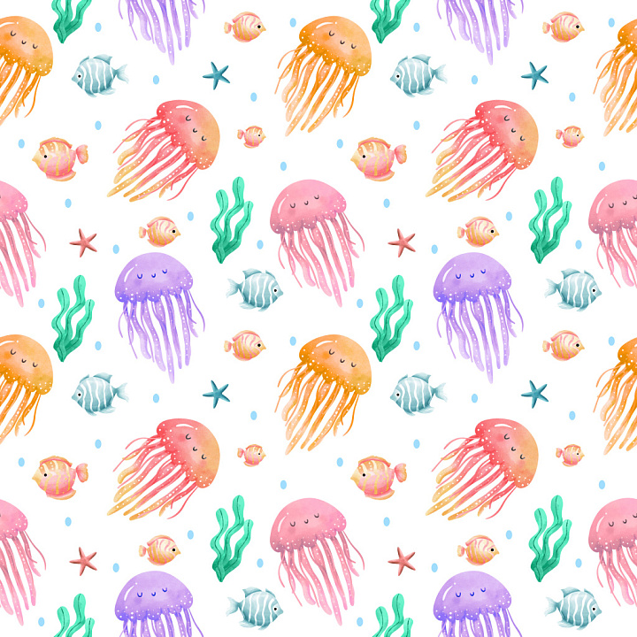 Pattern Featuring Colorful Jellyfish and Ocean Life Watercolor Motifs seamless PBR texture preview