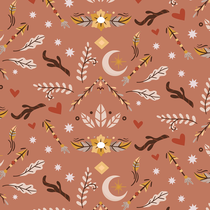 Boho Style Fabric with Earthy Arrows and Moon Motifs seamless PBR texture preview