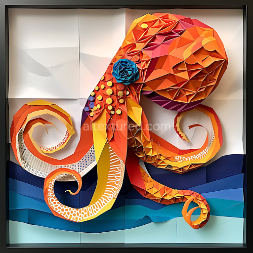 Seamless 3D PBR Origami-Inspired Cephalopod Texture with Vibrant Orange and Blue Accents