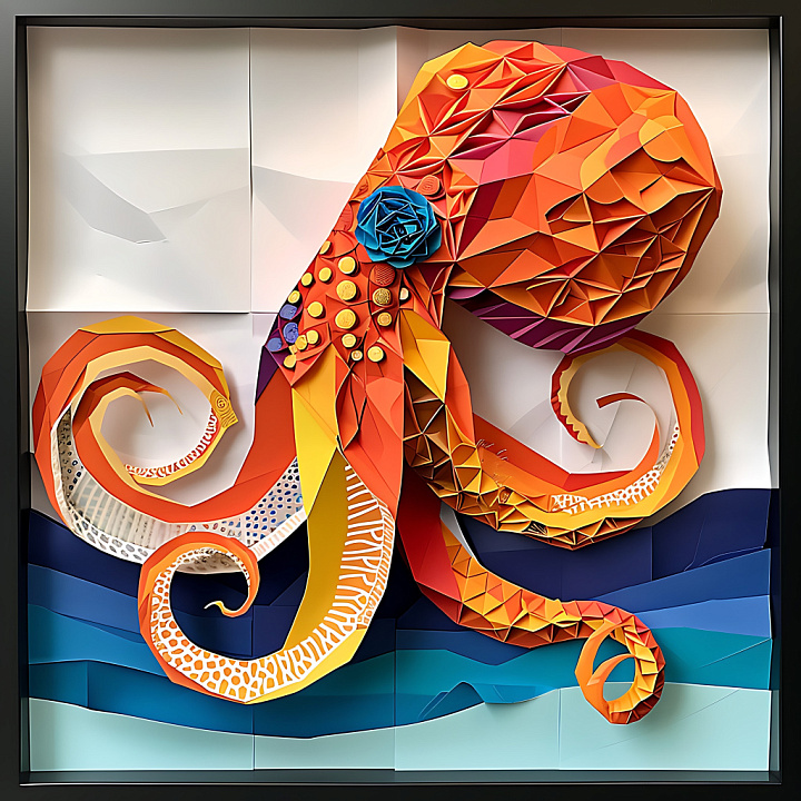 Origami-Inspired Cephalopod with Vibrant Orange and Blue Accents seamless PBR texture preview