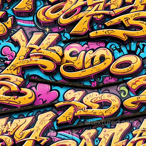 Seamless 3D PBR Graffiti Texture Featuring Bold Yellow Letters Over Pink and Blue Backgro… texture preview