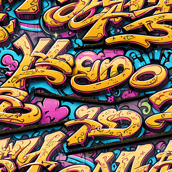 Graffiti Featuring Bold Yellow Letters Over Pink and Blue Background seamless PBR texture preview