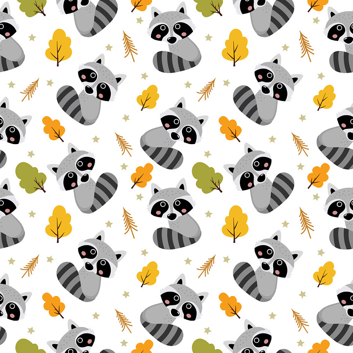 Pattern of Cute Cartoon Raccoons with Autumn Leaves seamless PBR texture preview