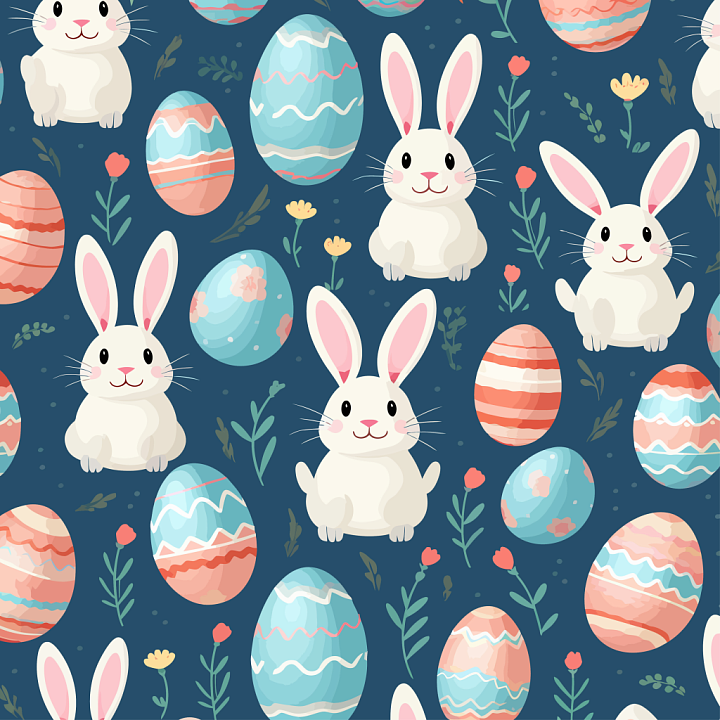 with Cute Easter Bunnies, Painted Eggs, and Floral Accents seamless PBR texture preview