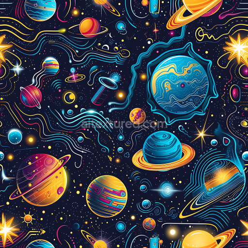 Seamless 3D Stylized Space PBR Texture Featuring Colorful Planets & Cosmic Lines