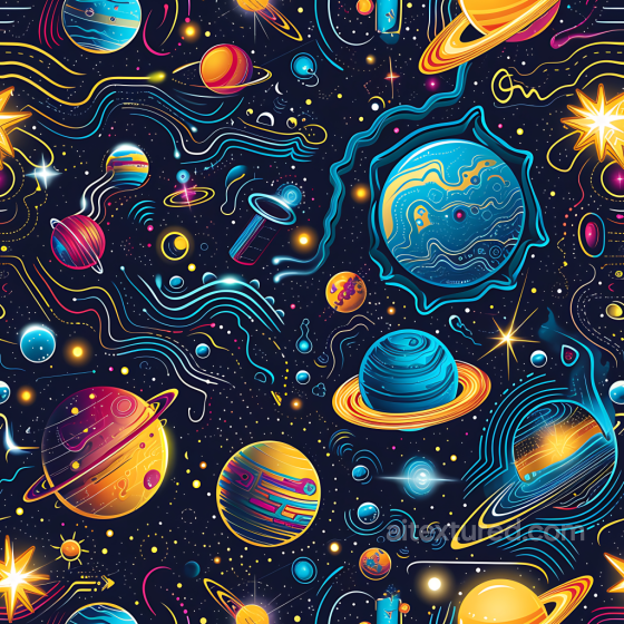 Stylized Space PBR Texture Featuring Colorful Planets & Cosmic Lines Star, space, planets texture preview