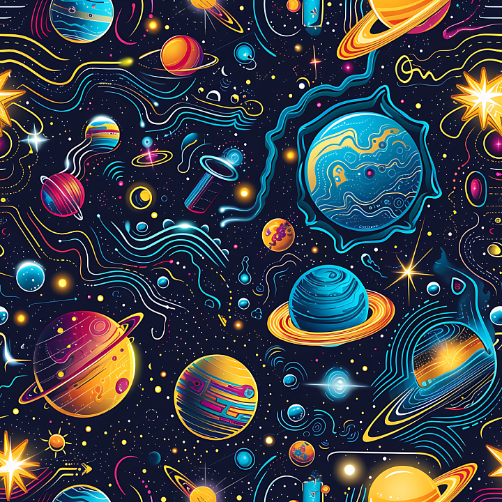 Stylized Space Featuring Colorful Planets & Cosmic Lines seamless PBR texture preview
