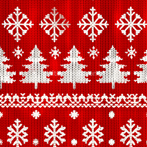 Seamless 3D PBR Texture of Red Knitted Fabric with White Christmas Trees and Snowflakes