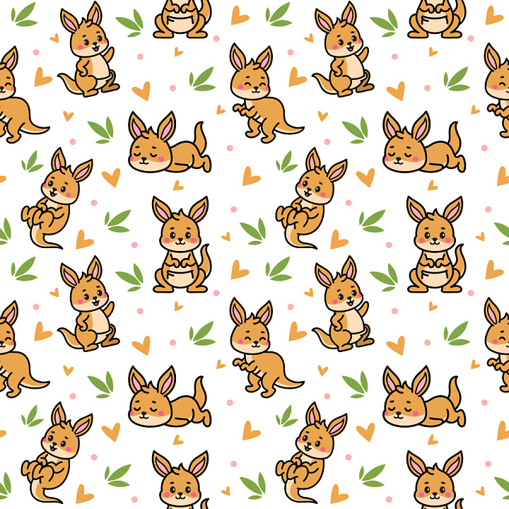 Pattern with Cute Cartoon Kangaroo Motifs and Playful Elements seamless PBR texture preview
