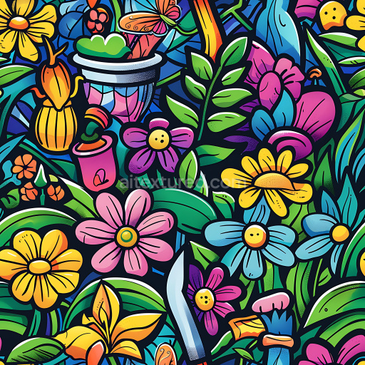 Seamless 3D PBR Texture of Colorful Cartoon-Style Floral Graffiti with Bold Outlines