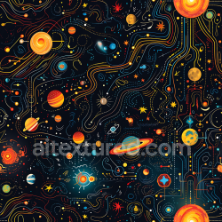 seamless Seamless 3D PBR Texture of Stylized Cosmic Map Featuring Planets and Orbital Lines texture 8k free download PBR