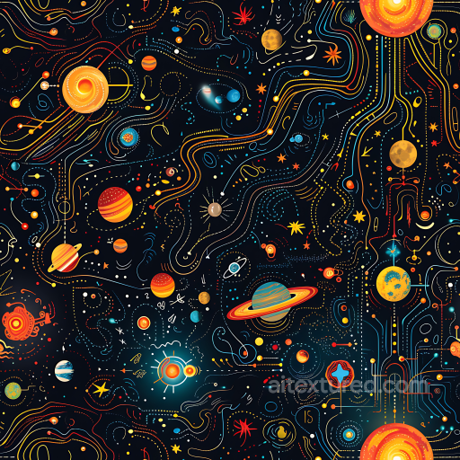 Star, Space, Planets Texture of Stylized Cosmic Map Featuring Planets and Orbital Lines seamless Star, space, planets PBR texture