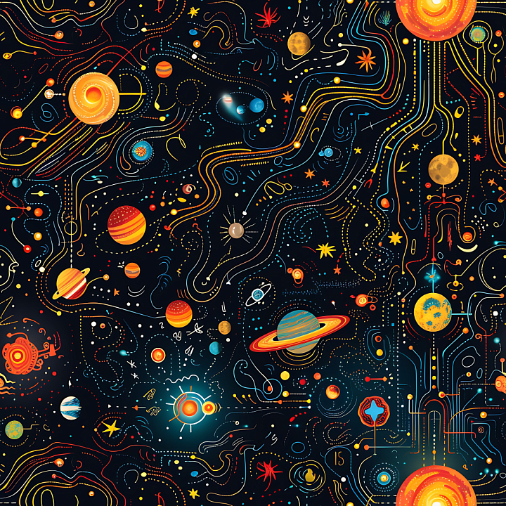 Star, Space, Planets of Stylized Cosmic Map Featuring Planets and Orbit… seamless PBR texture preview