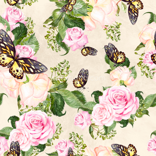 Seamless 3D PBR Texture Featuring Pink Roses and Yellow-Black Butterflies