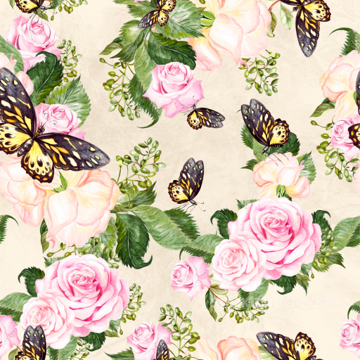 Featuring Pink Roses and Yellow-Black Butterflies seamless Flower  PBR texture