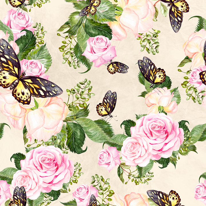 Featuring Pink Roses and Yellow-Black Butterflies seamless PBR texture preview